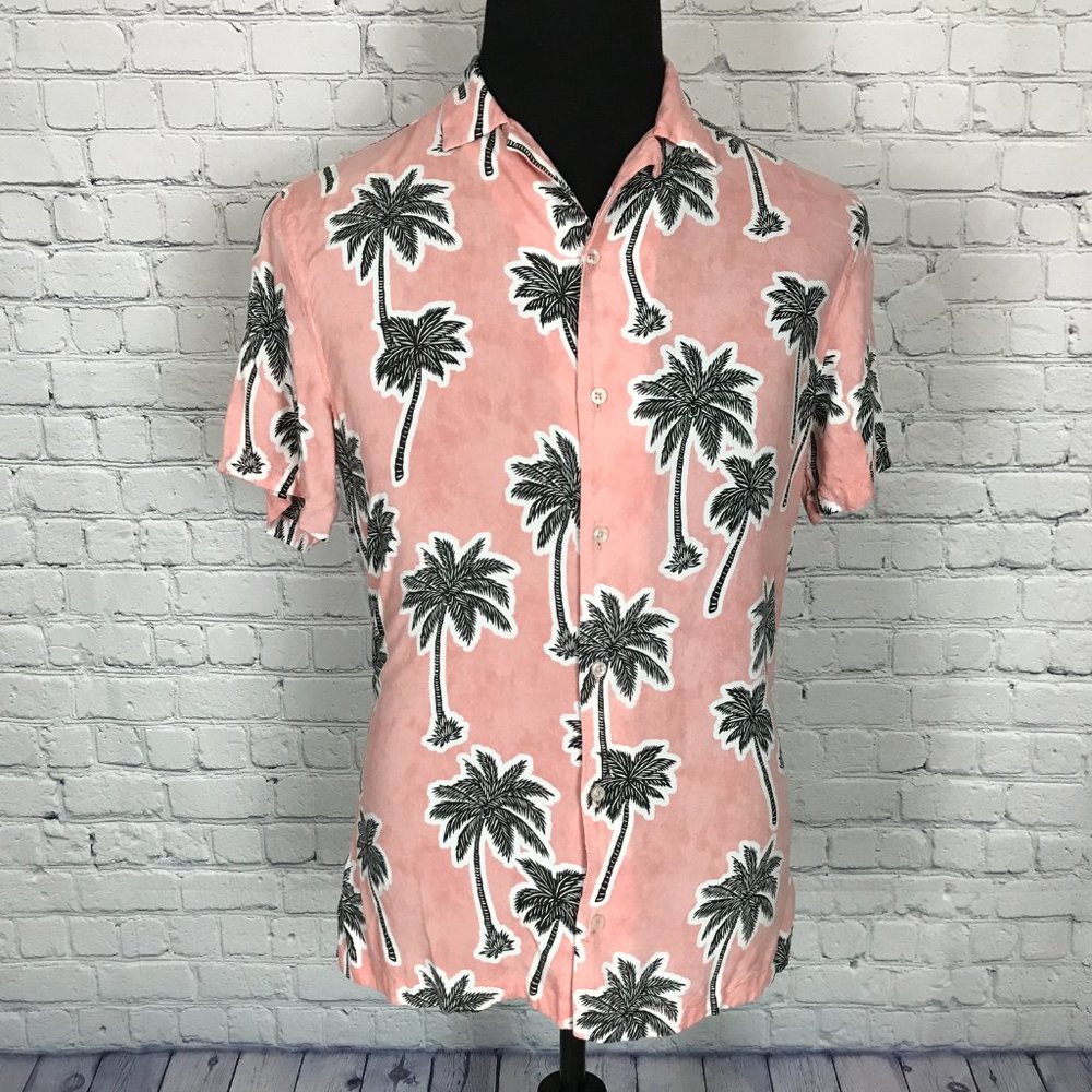 Zara Man Relaxed Fit Coral Black White Hawaiian Short-Sleeve Shirt